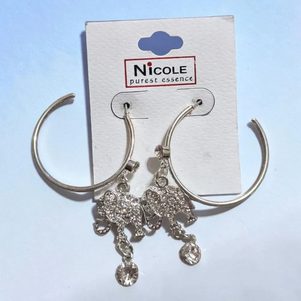 Silver Tone Elephant Hoop Earrings, Rhinestone Elephant Charm Earrings